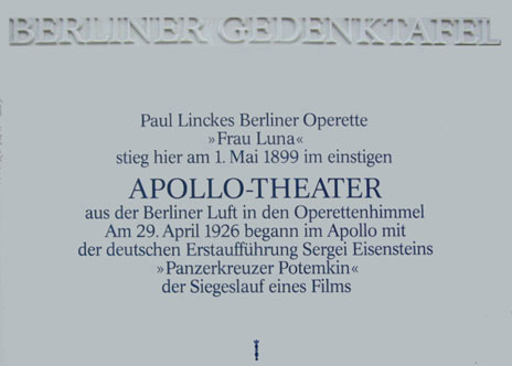 Erinnerungsplakette an das Apollo-Theater in der Friedrichstraße 218