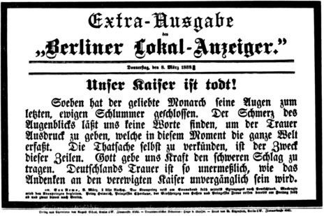 Extrablatt des Berliner Lokalanzeigers zum Tod von Kaiser Wilhelm I.