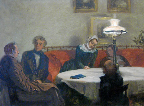 Eine Abendgesellschaft, Gemälde von Adolph von Menzel. So darf man sich die literarischen Zirkel der Literaten in der Friedrichstraße vorstellen. Der Maler wohnte einige Jahre in der Zimmerstraße 4.